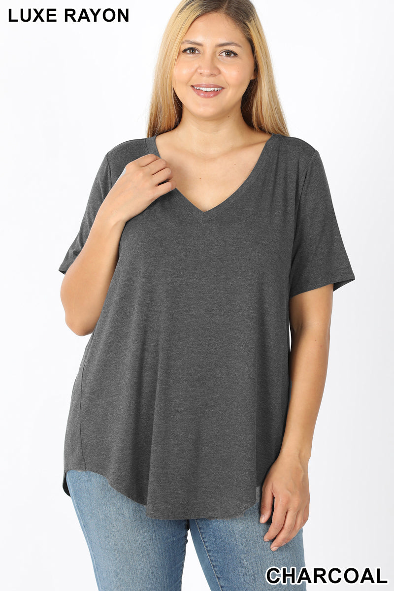 4087 1/4S V Neck HiLo Hem TOP in CHARCOAL