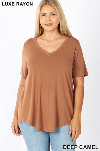 4084 1/4S V Neck HiLo Hem TOP in DEEP CAMEL