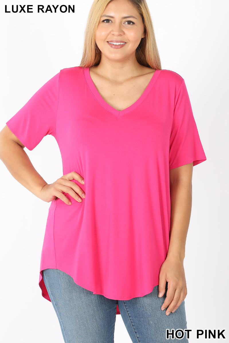4080 1/4S V Neck HiLo Hem TOP in HOT PINK