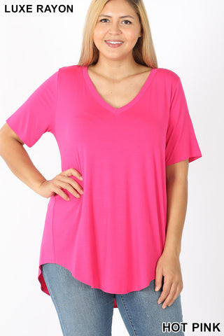 4080 1/4S V Neck HiLo Hem TOP in HOT PINK