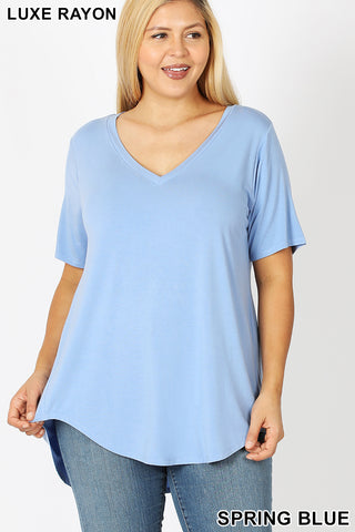 4083 1/4S V Neck HiLo Hem TOP in SPRING BLUE