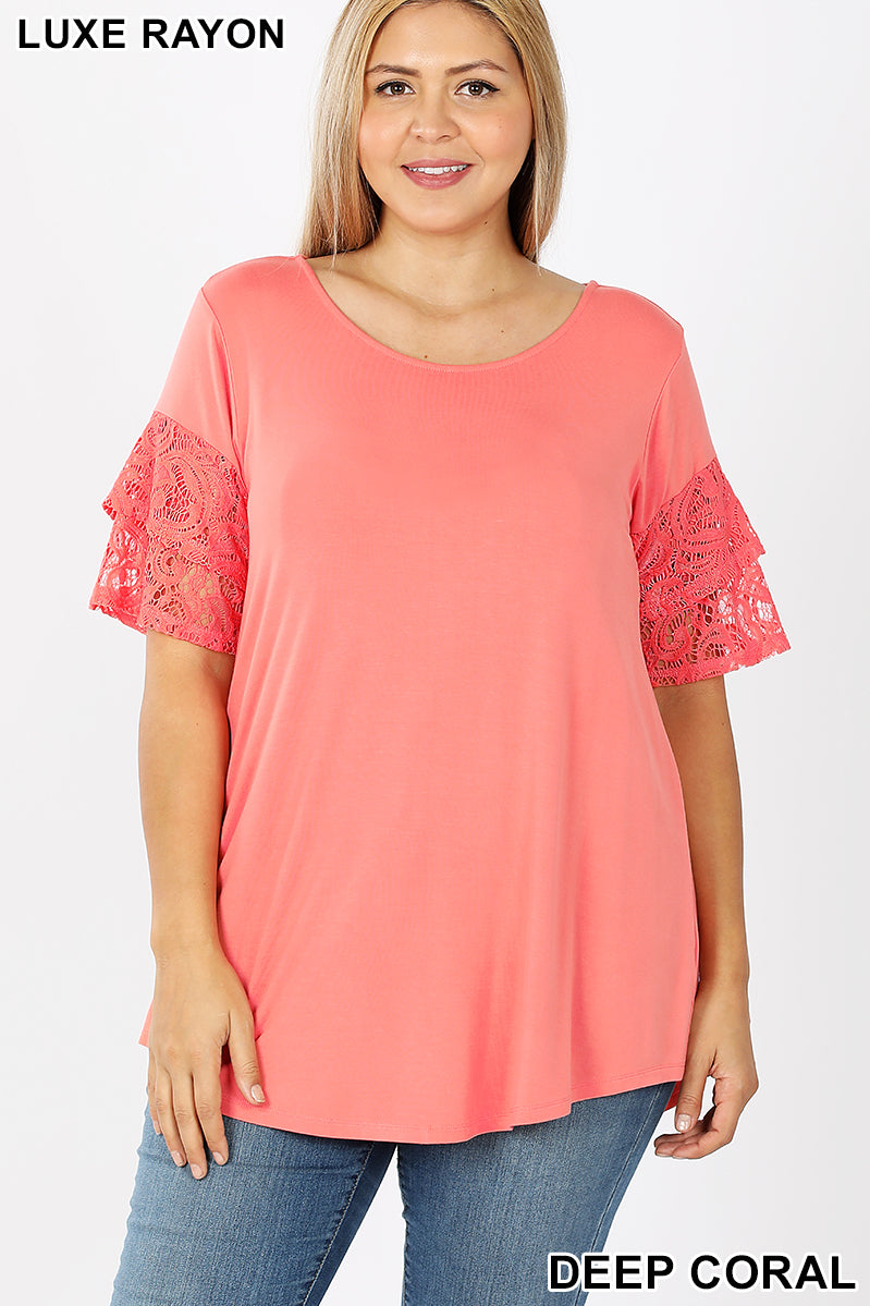 4069 1/4S Double Ruffle Lace Sleeve TOP in DEEP CORAL