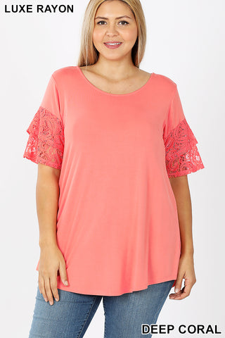 4069 1/4S Double Ruffle Lace Sleeve TOP in DEEP CORAL