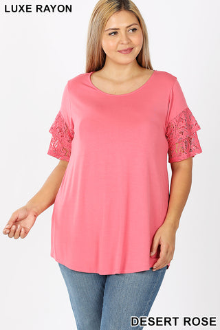 4071 1/4S Double Ruffle Lace Sleeve TOP in DESERT ROSE