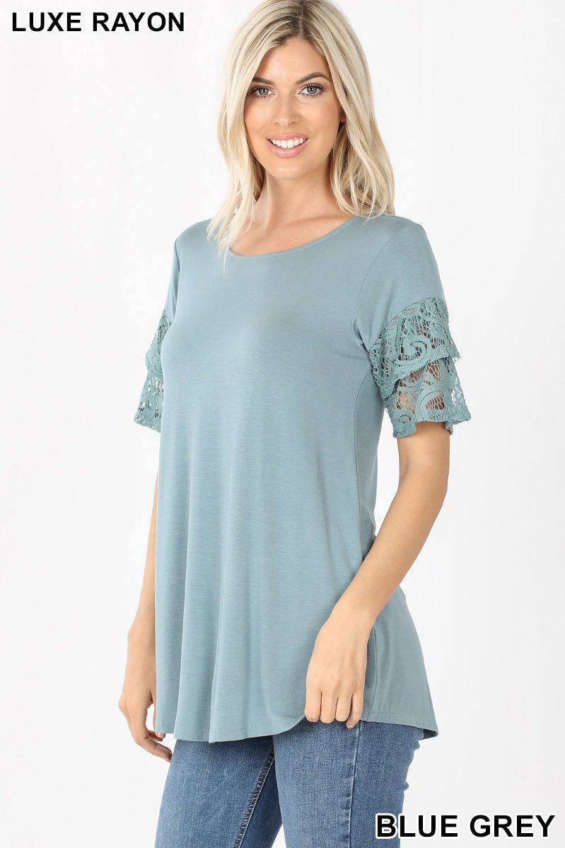4070 1/4S Double Ruffle Lace Sleeve TOP in BLUE GREY
