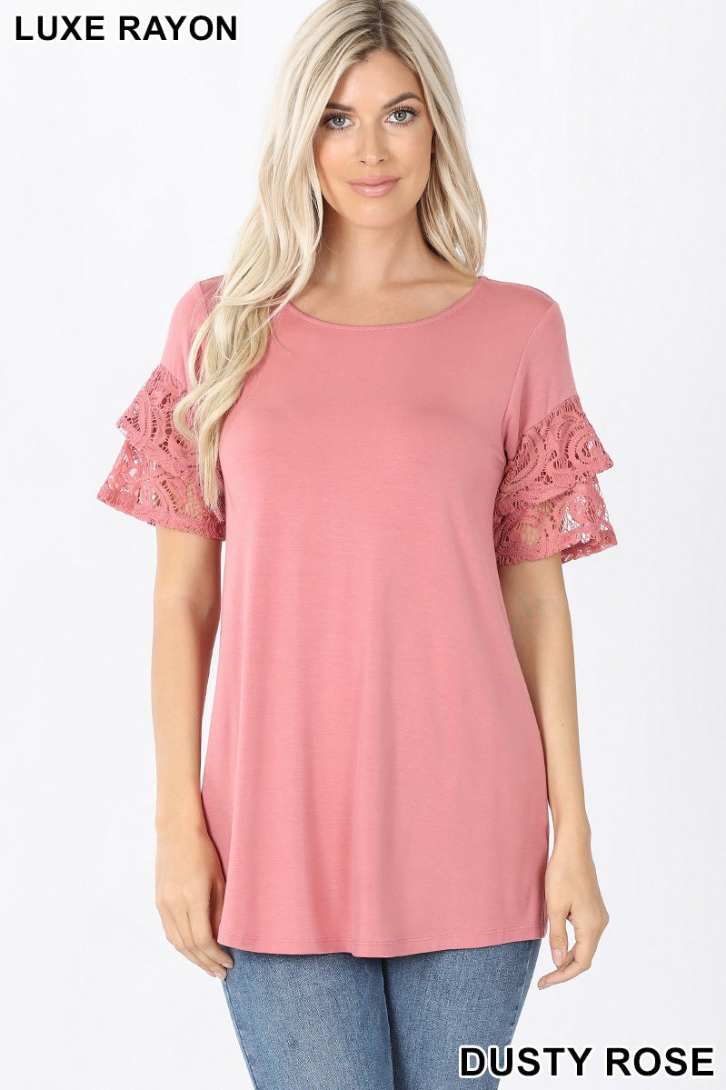 4076 1/4S Double Ruffle Lace Sleeve TOP in DUSTY ROSE