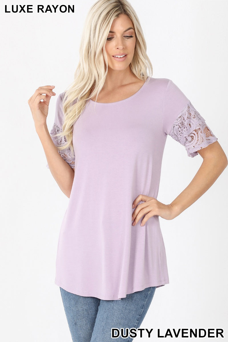4074 1/4S Double Ruffle Lace Sleeve TOP in DUSTY LAVENDER