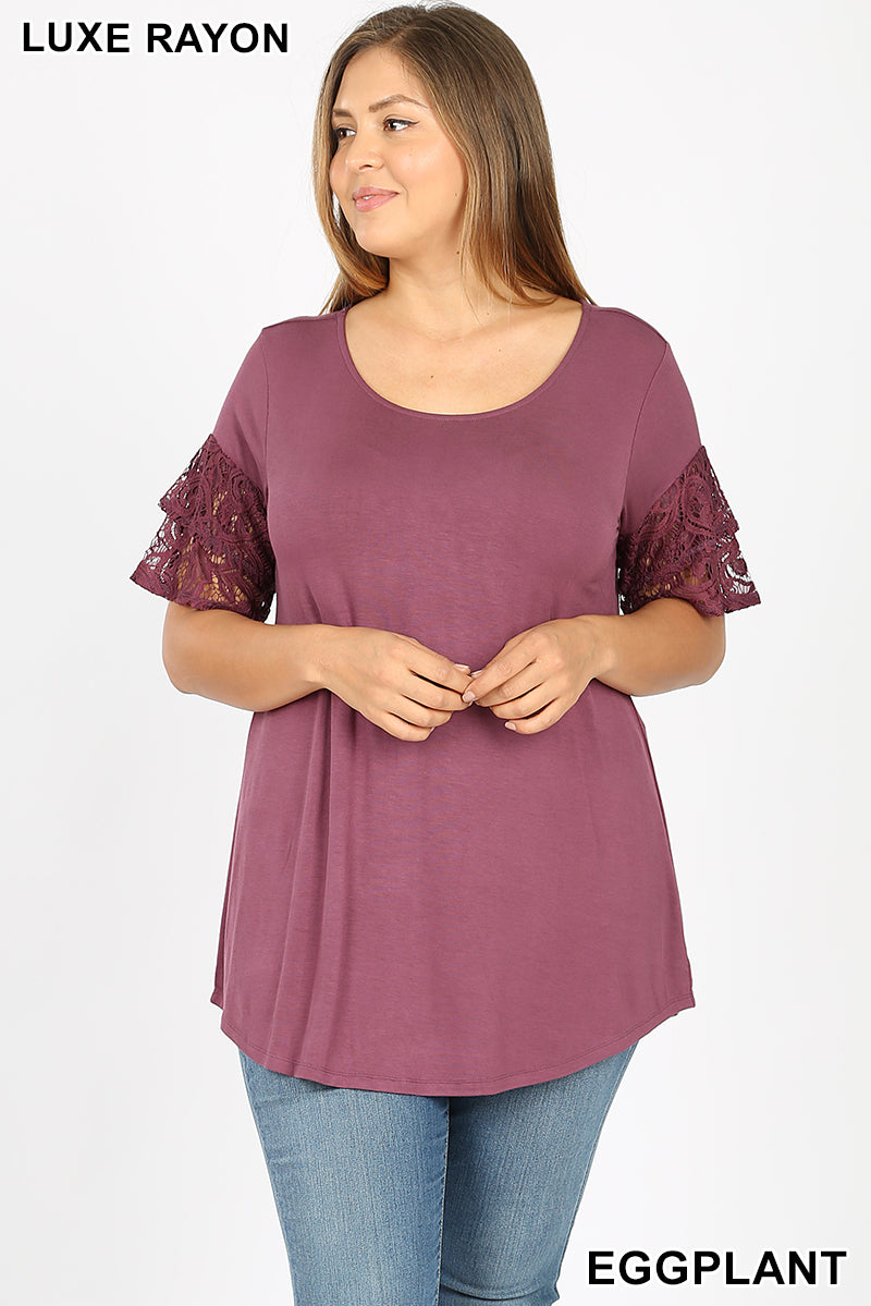 4072 1/4S Double Ruffle Lace Sleeve TOP in EGGPLANT
