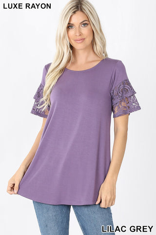 4077 1/4S Double Ruffle Lace Sleeve TOP in LILAC GREY