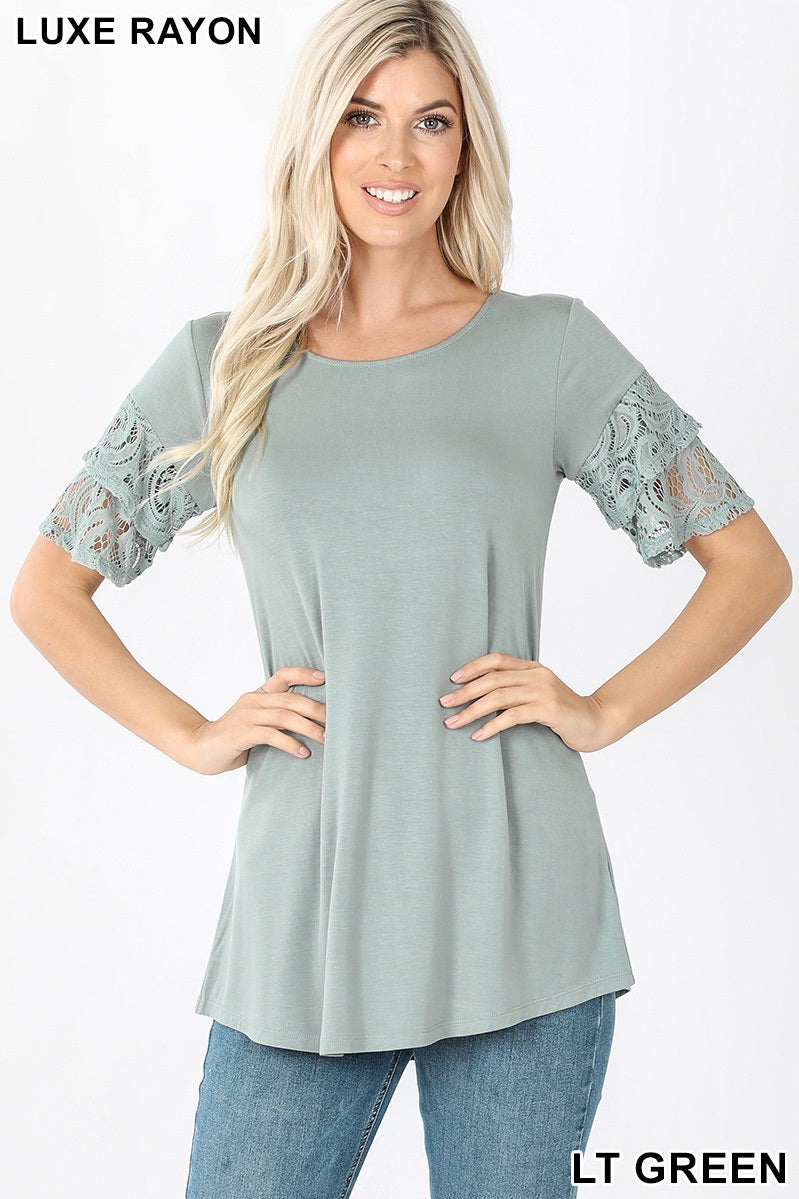 4075 1/4S Double Ruffle Lace Sleeve TOP in LT GREEN