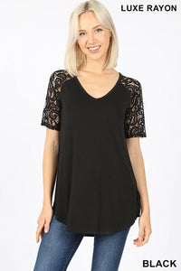 4314 1/4S V Neck Lace Sleeve TOP in BLACK JV-M42A