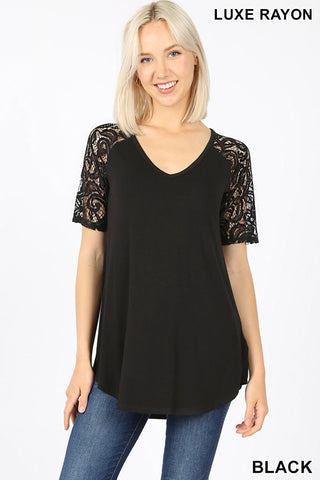 4314 1/4S V Neck Lace Sleeve TOP in BLACK JV-M42A