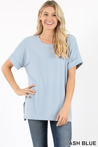 4681 1/4S Rolled R Neck HiLo Side Slit TOP in ASH BLUE