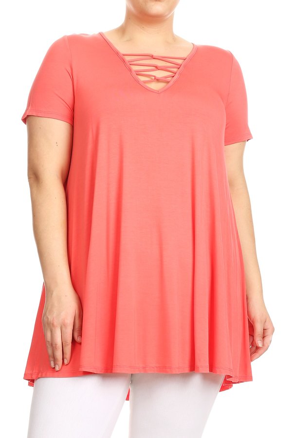 4671 1/4S Cross Lattice V Neck Hi-Lo Hem TOP in CORAL