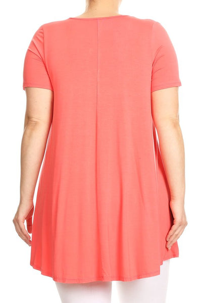 4671 1/4S Cross Lattice V Neck Hi-Lo Hem TOP in CORAL