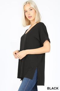 4878 1/4S Rolled V Neck HiLo Side Slit TOP in BLACK JV-N52A