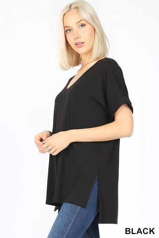 4878 1/4S Rolled V Neck HiLo Side Slit TOP in BLACK JV-N52A