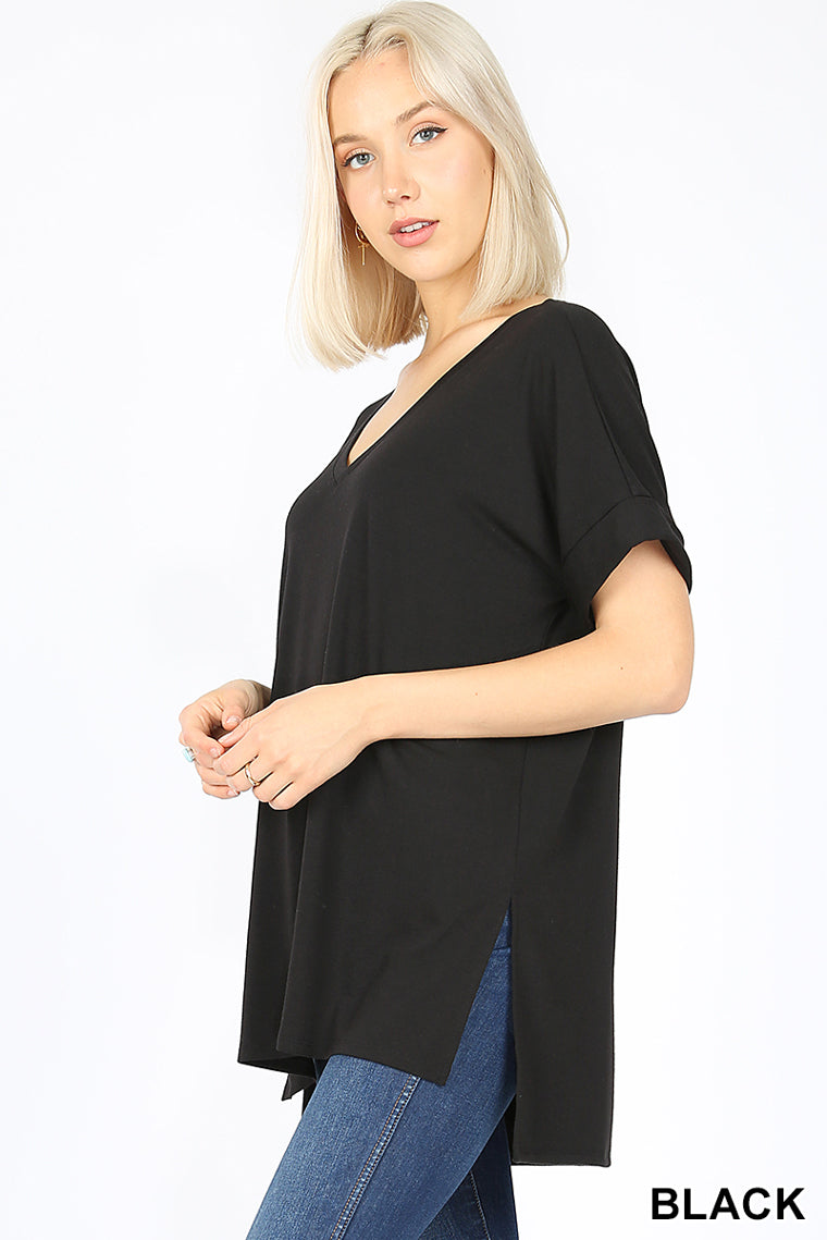 4878 1/4S Rolled V Neck HiLo Side Slit TOP in BLACK