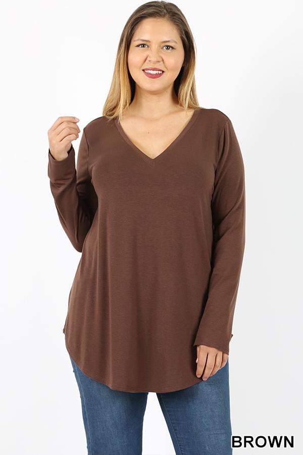 5684 4/4S V Neck Round Hem TOP in BROWN JV-SOLD OUT