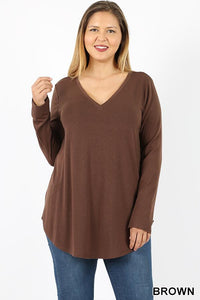5684 4/4S V Neck Round Hem TOP in BROWN JV-SOLD OUT