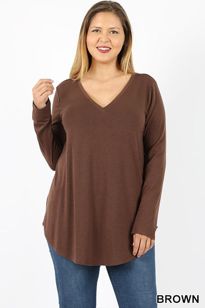 5684 4/4S V Neck Round Hem TOP in BROWN JV-SOLD OUT