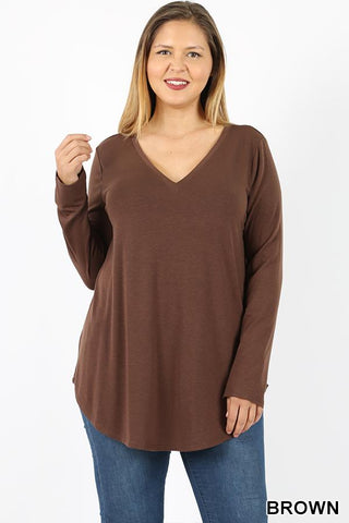 5684 4/4S V Neck Round Hem TOP in BROWN JV-SOLD OUT