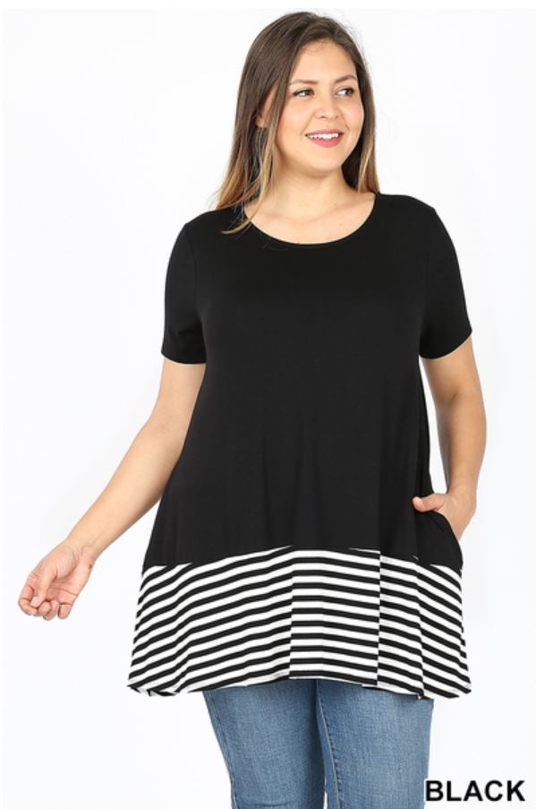 4950 1/4S Striped Contrast Round Neck TOP in BLACK