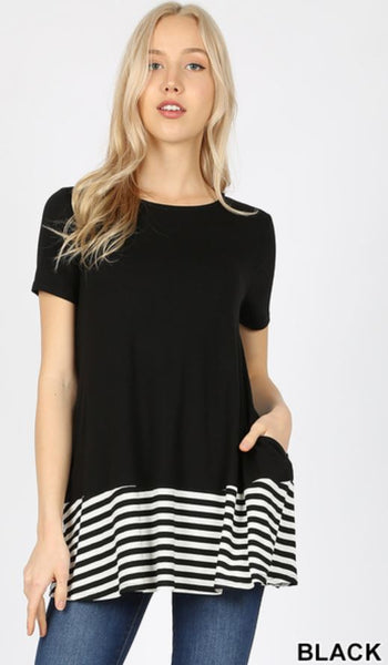4950 1/4S Striped Contrast Round Neck TOP in BLACK