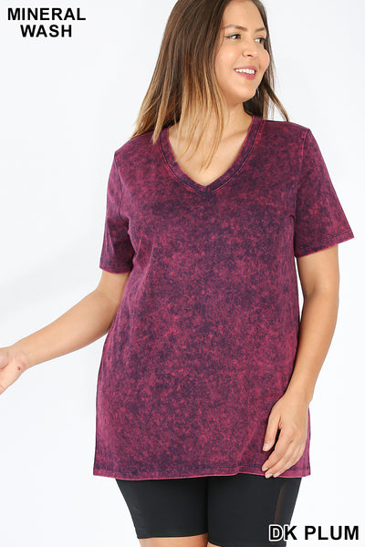 5410 1/4S Mineral Wash V Neck TOP in DK PLUM