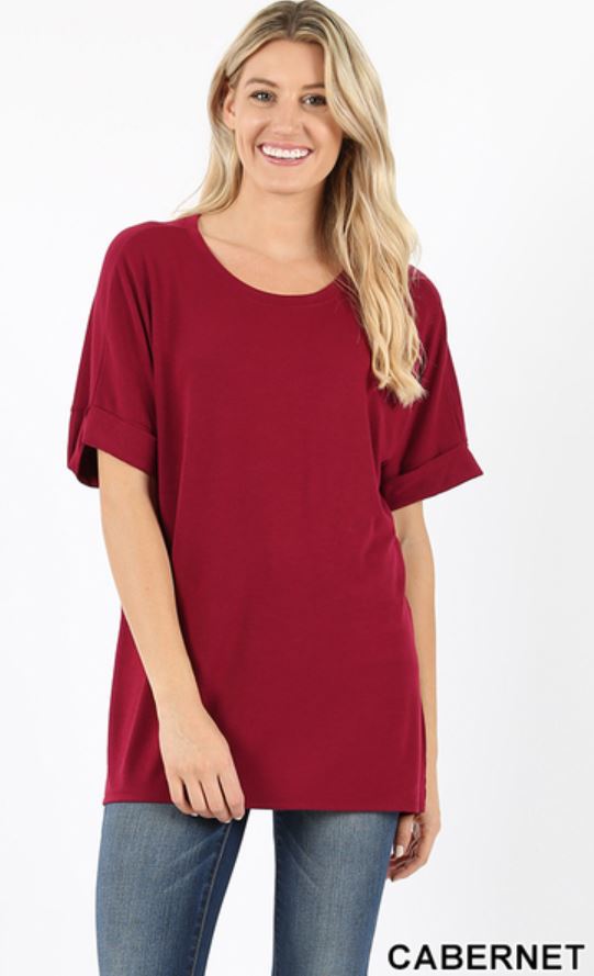 4645 1/4S Rolled R Neck HiLo Side Slit TOP in CABERNET