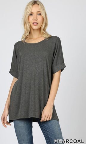 4643 1/4S Rolled R Neck HiLo Side Slit TOP in CHARCOAL