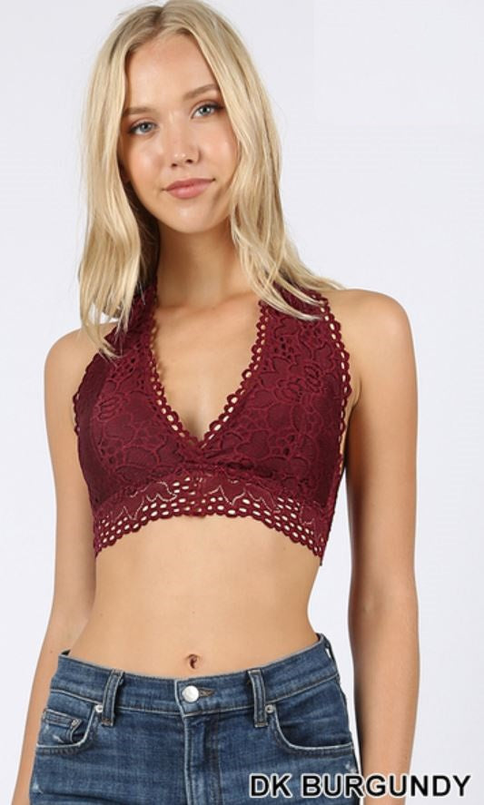 4649 Lace Halter Stretch Bralette in DK BURGANDY