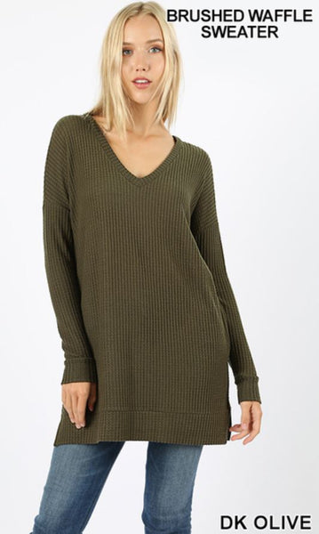 5230 4/4S Thermal Waffle V Neck SWEATERS IN DK OLIVE