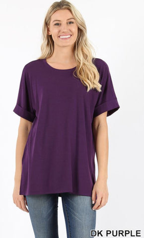 4641 1/4S Rolled R Neck HiLo Side Slit TOP in DK PURPLE