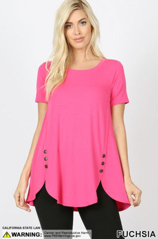 4665 1/4S Dolphin Hem w/ Side Buttons TOP in FUCHSIA