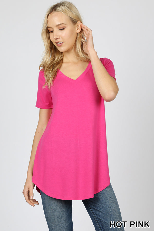 4222 1/4S V Neck Round Hem TOP in HOT PINK