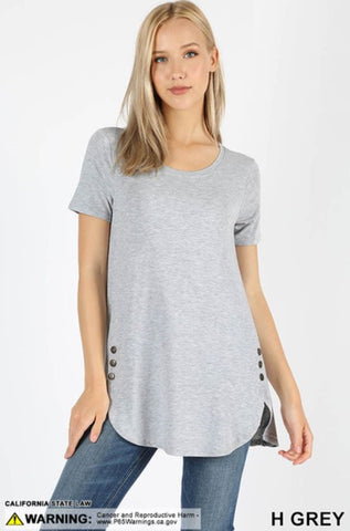4663 1/4S Dolphin Hem w/ Side Buttons TOP in HEATHER GREY