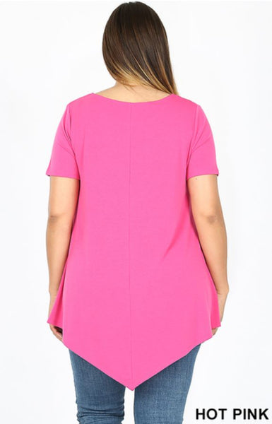 4997 1/4S Triangle Hem Boat Neck TOP in HOT PINK