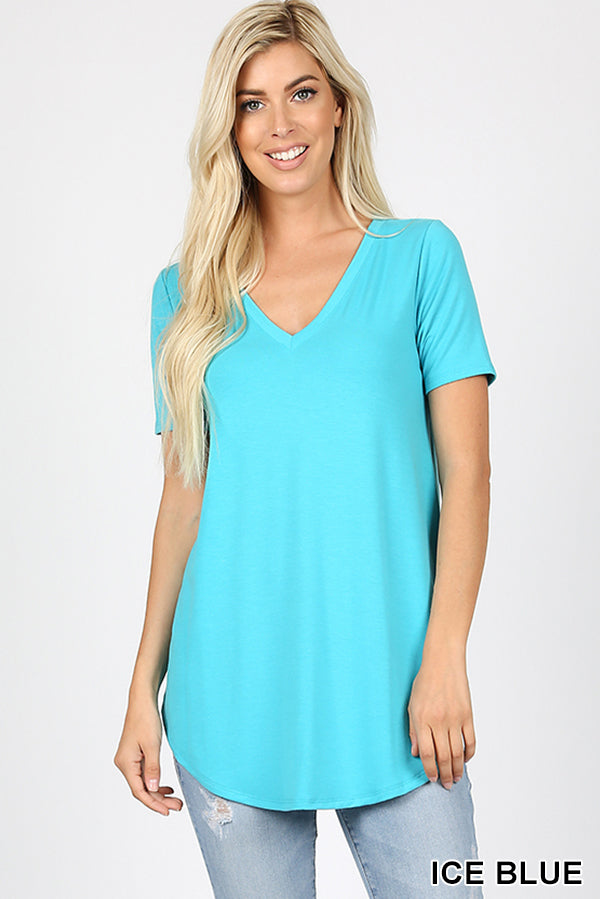 4221 1/4S V Neck Round Hem TOP in ICE BLUE