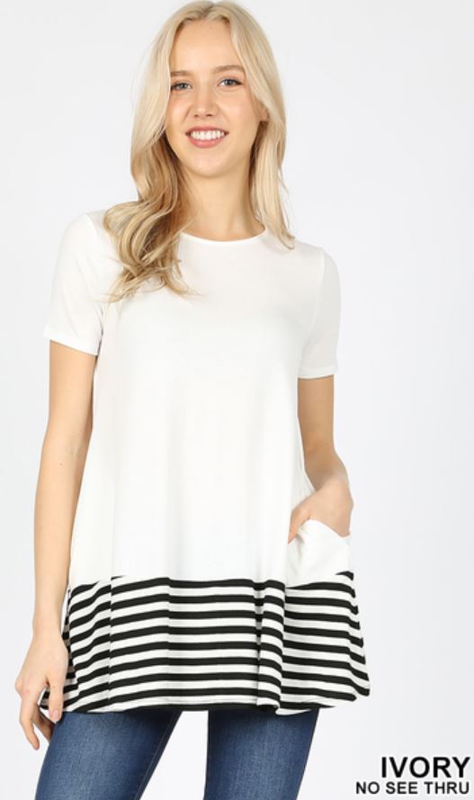 4964 1/4S Striped Contrast Round Neck TOP in IVORY