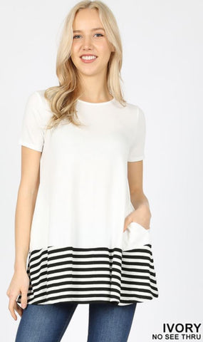 4964 1/4S Striped Contrast Round Neck TOP in IVORY