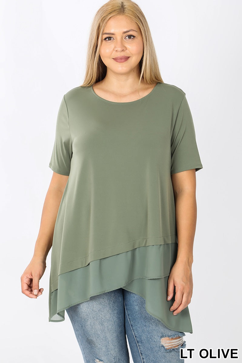 4285 1/4S Overlap Chiffon TOP in LT OLIVE JV-I22A2