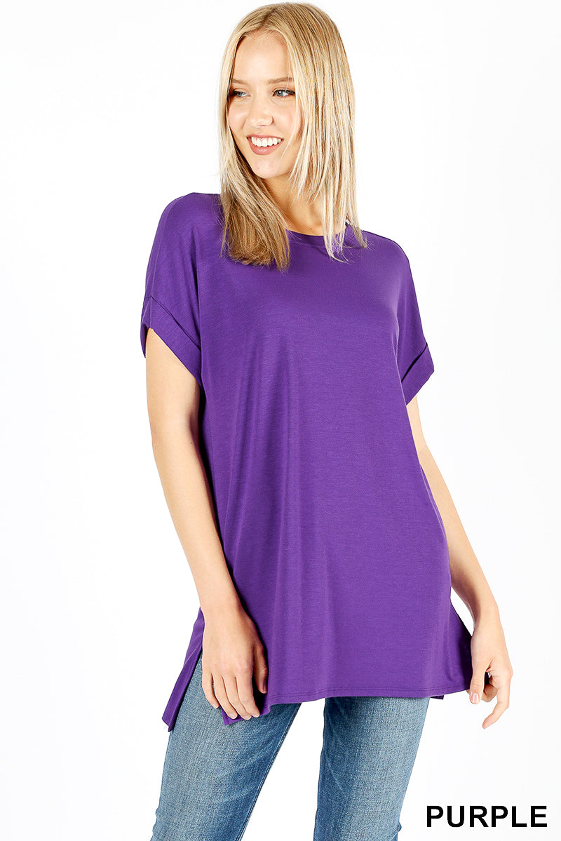 4067 1/4S Rolled R Neck HiLo Side Slit TOP in PURPLE