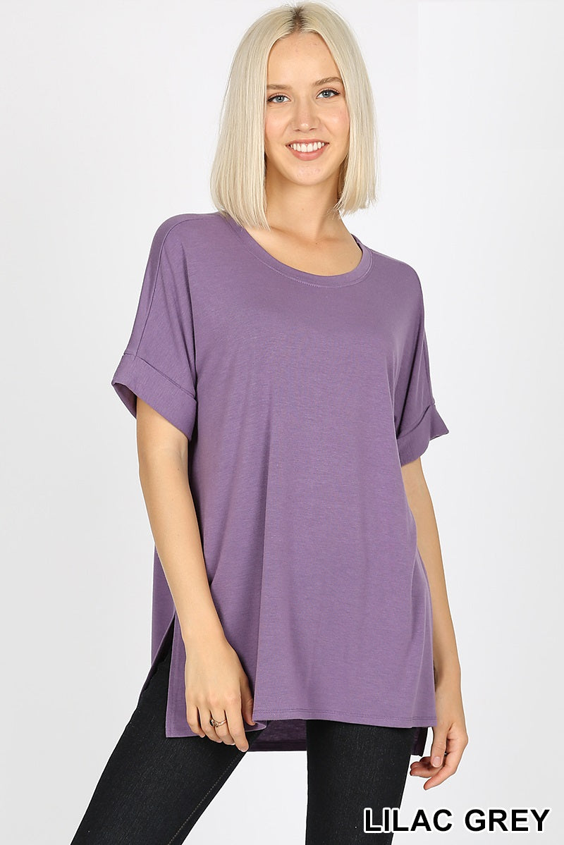 4064 1/4S Rolled R Neck HiLo Side Slit TOP in LILAC GREY