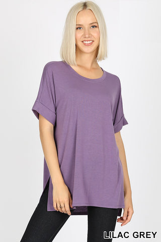 4064 1/4S Rolled R Neck HiLo Side Slit TOP in LILAC GREY
