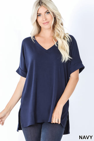 4065 1/4S Rolled V Neck HiLo Side Slit TOP in NAVY