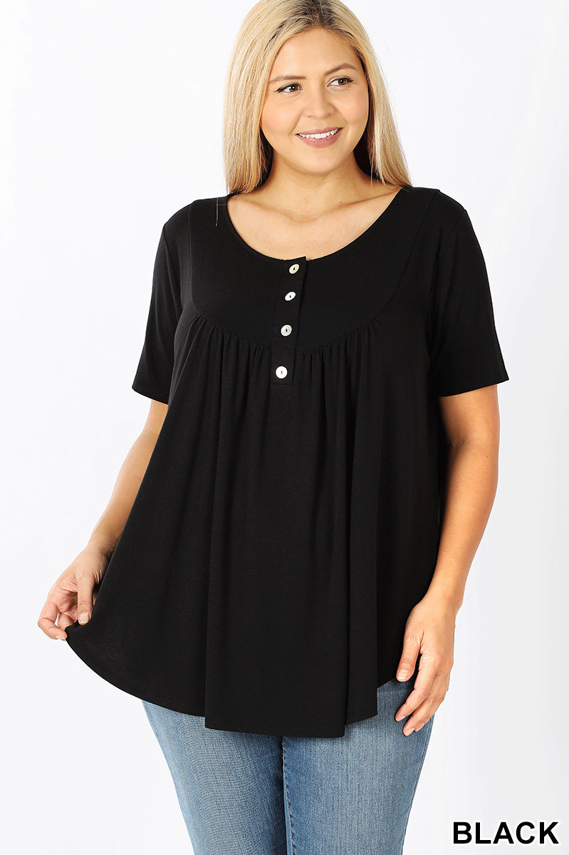 4378 1/4S Round Hem Yoke Neck TOP in BLACK JV-N143C