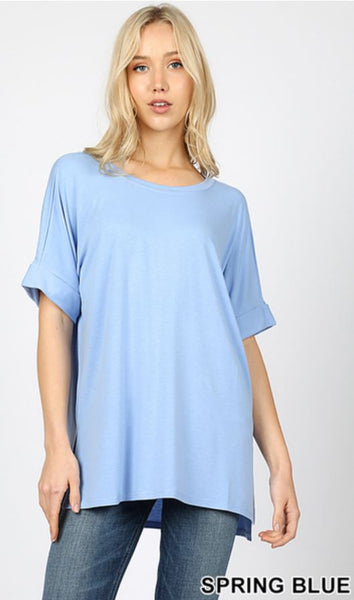 4678 1/4S Rolled R Neck HiLo Side Slit TOP in SPRING BLUE