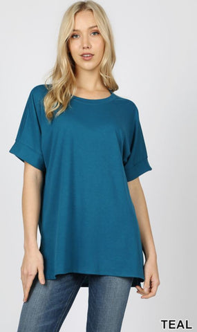 4644 1/4S Rolled R Neck HiLo Side Slit TOP in TEAL