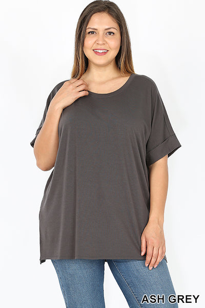4773 1/4S Rolled R Neck HiLo Side Slit TOP in ASH GREY